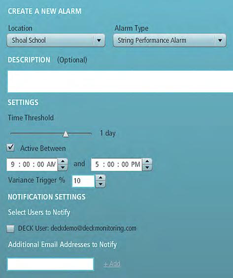 ADMIN PANEL USER GUIDE 14 String Performance Alarm This is analogous to the Monthly Performance Alarm.
