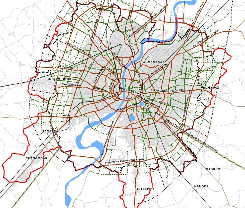 Road Network Classification- Ahmedabad Definition Level 2 All radials and rings that are 50% complete Radials which are having length less than half of the city (in