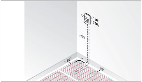 Cut a groove in the floor for the area of the join between the heating cable and the cold tail. o Run the cold tail inside a conduit inside the wall to the thermostat mounting box.