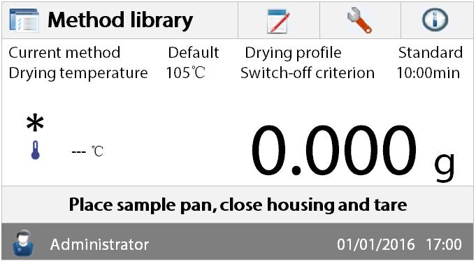 EN-10 5. MENU The Home screen appears after the moisture analyzer has been switched on. 1 2 3 4 Button area Current Method Results area 1. Method library: Change parameters and create new method. 2. Test results: Manage test results.