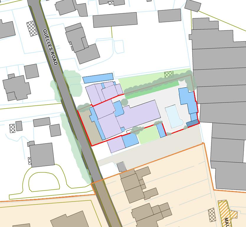 Site Boundary Existing access Detached dwelling Parking Single storey Trees & hedges Industrial Units Two/ two and a half storey Conservation Area Trees Detached dwelling Pedestrian
