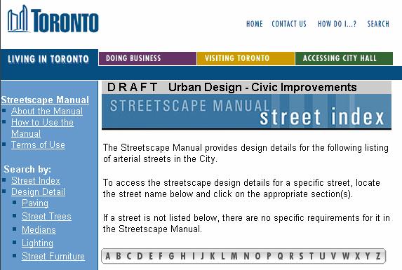 Streets and street segments included in the Streetscape Manual are listed in the Street Index in alphabetical
