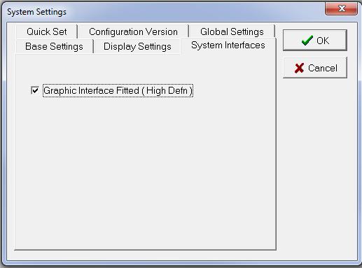 Figure 21: The Display Settings Dialogue Box 4.1.3 System Interface (SmartGraphics) The Graphic Interface Fitted check box is selected if a SmartGraphics Interface is being installed in the system.