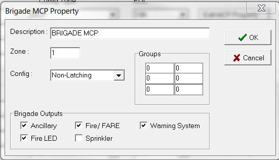 Figure 47: Controller Edit Addon, Brigade Module Config Non-Latching MCP Brigade MCP Outputs: Five checkboxes