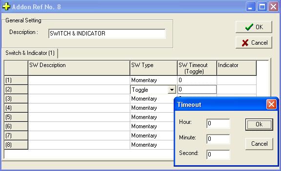 Figure 78: Edit Switch & Indicator Set Up Screen with Momentary Switch Selection Input Type Figure 79: Edit Switch and Indicator Set Up Screen with Toggle Switch Selection & Time Out First enter a