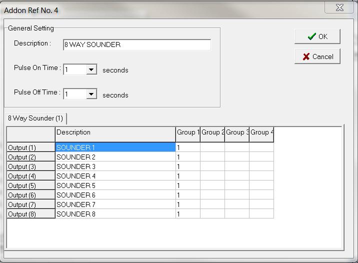4.4.11 Edit 8 Way Sounder Control Select 8 Way Sounder Control from the Type column on the Addon Module page and click on the Edit button and enter a functional descriptor for each input.