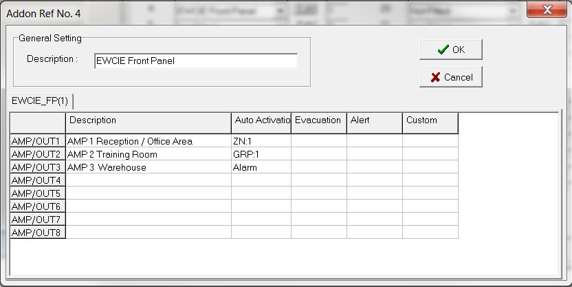 4.4.15 Edit EWCIE Front Panel Card Select EWCIE Front Panel from the Type column on the Addon Module page and click on the Edit button and enter a functional descriptor for each input.