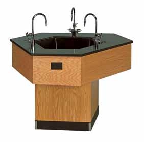 The unit includes one 14" x 10" x 6" solid epoxy resin sink, two combination water/gas fixtures, two GFI AC duplex electrical receptacles, chemical-resistant polypropylene trap, and