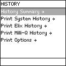 Item History Summary Print System History Print Elix History Print Milli-Q