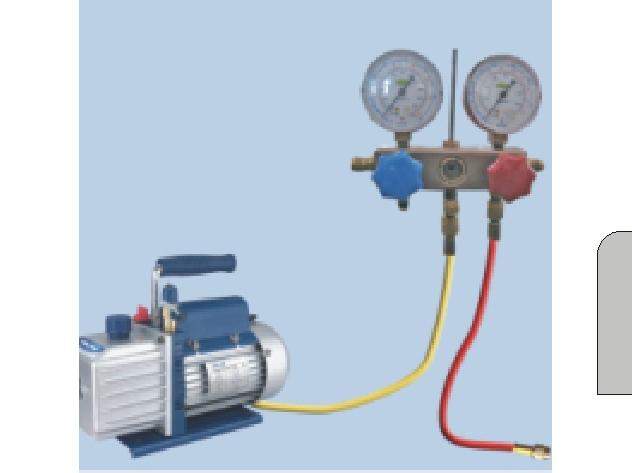 3) Prepare a vacuum pump and a pressure gauge, connect one tube of the pressure gauge to the vacuum pump. 4) Connect the other tube of the pressure gauge to the outdoor unit.