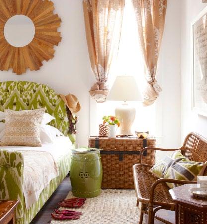 My inspiration was the color of trees in spring that vivid, happy green. Jill Sharp Brinson reclaimed mango wood frames the mirror above the bed.