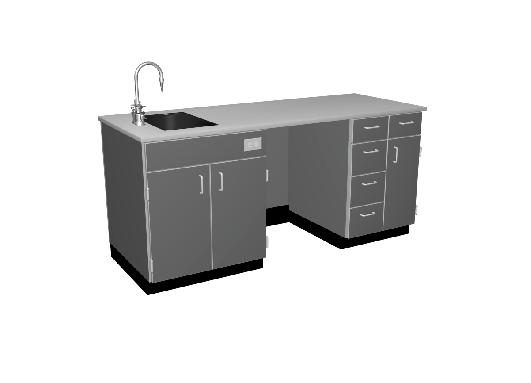 Kneespace Drawer Files Double door sink cabinet Single door base cabinet with a drawer above Kneespace with an apron rail Three drawer base cabinet with two files on the bottom Molded pencil drawer