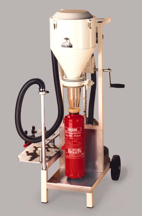 Model UP 15 Workshop machine for filling and checking powder extinguishers with 1-50 kg content. Two large gum wheels which make possible an easy transport of the machine.