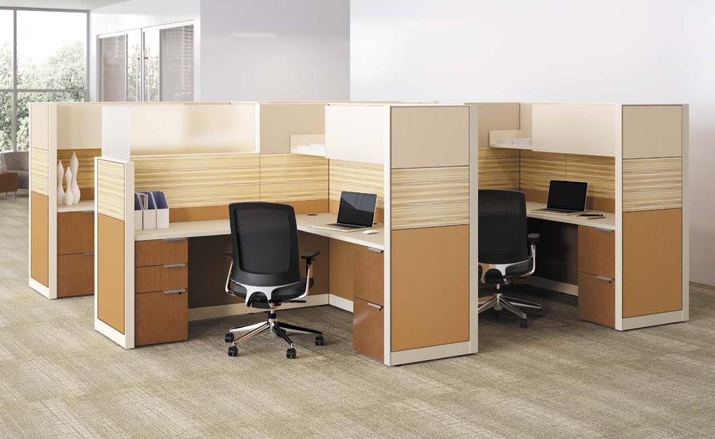 PERSONAL SPACE Abound panels stack 110" high to support visual privacy and concentration. Abound with Sunrise Plains tiles and frameless glass with Lota seating and Voi pedestals.