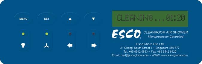 Any of the 3 standard Esco air shower sequences may be chosen. Shower duration is also easily adjusted via the control keypad using the intuitive menu interface.