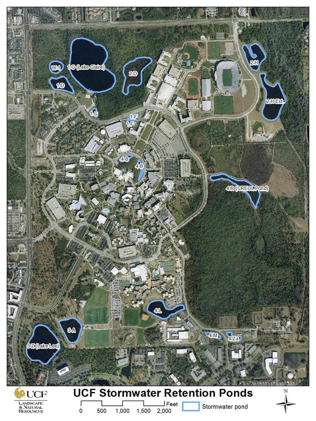 Case Study 2 University of Central Florida Water shed with more than 10 pond systems. Stormwater that enters drainage is released in Little Econlockhatchee River (north).