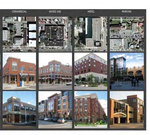 Mixed Use Building Types and Parking Structures Commercial buildings should address the street, providing windows and access points to create interest and draw users.