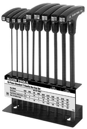 T-Handle Hex-Key Sets with Stand Furnished complete with a rugged metal stand for convenient hanging, storage on bench or wall. T-handle design delivers more torque to the fasteners.