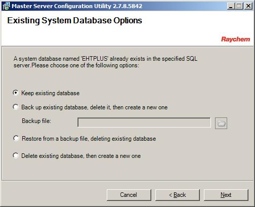 Figure 3 2-11 Select an Existing System Database Option screen After you click Next on the last confirmation screen, the installation will continue until completion.