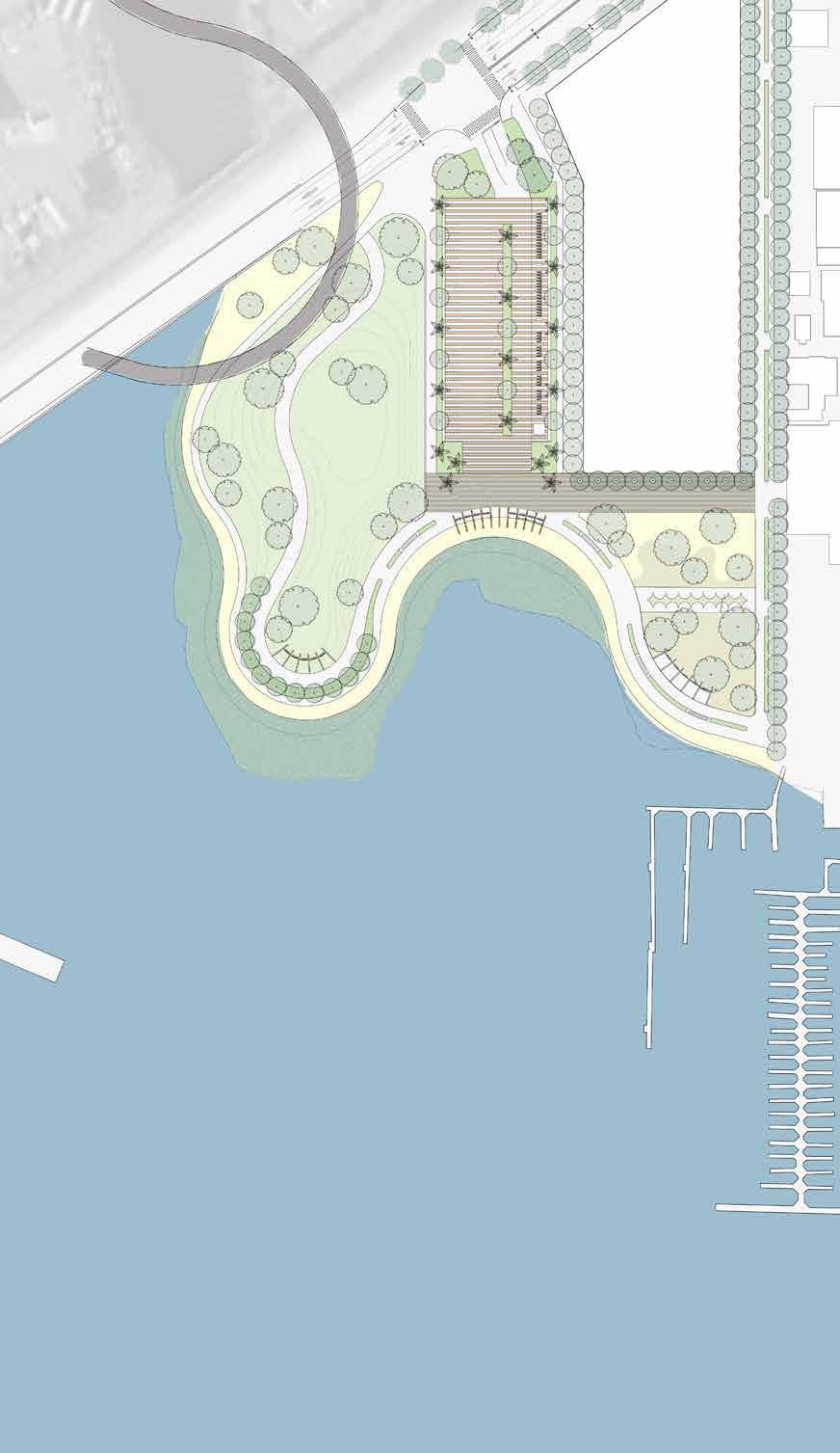 Channel Park is designed to encourage passive recreation and a connection to both the estuary and channel. It will be an important wayfinding point for the trail network.