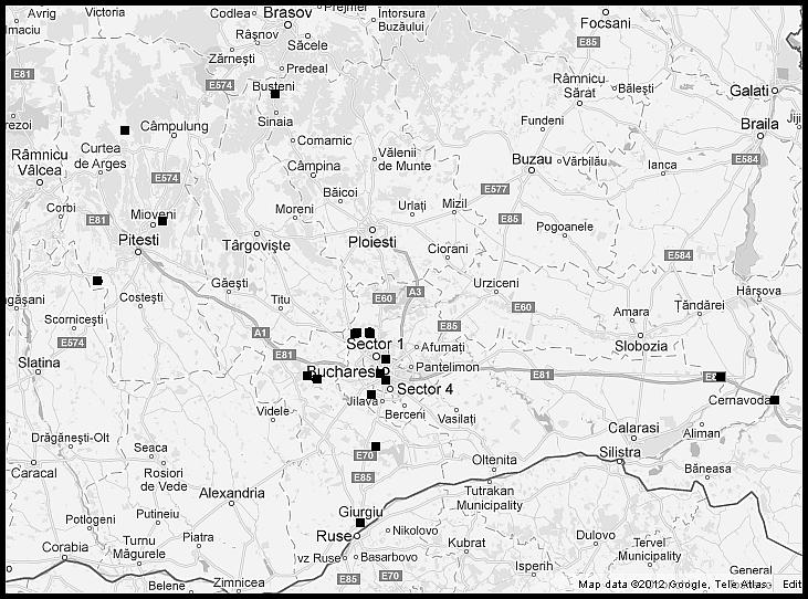 7 CR-39 sampling of indoor radon in Southern Romania S317 Fig. 3 Location of field measurements by CR-39 SSNTD (black squares on an edited Google map).