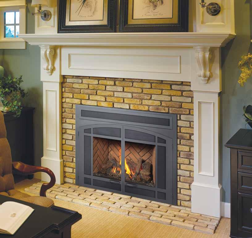 This den features the DVL GSR Insert with black painted Architectural double doors, large backing plate, optional black Accent Plate above the doors, herringbone brick fireback option and insert