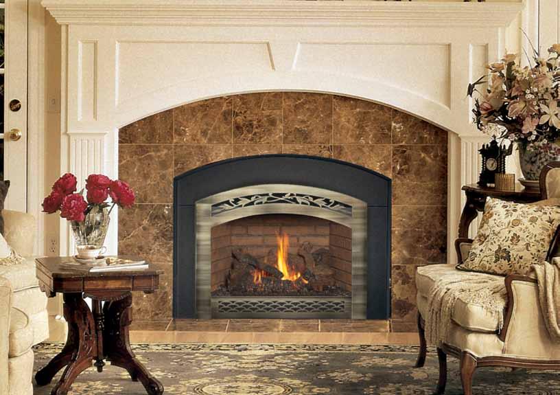 This living room features the French Country Arch Face with optional arched insert panels, optional herringbone brick