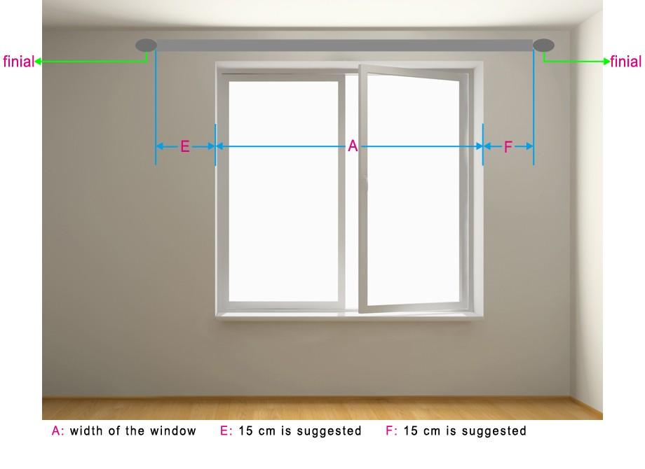 a. If you plan to hang up curtains outside the window frame, you can use either curtain rod or track. Length of curtain rod (not included finial) or track is A + E + F. E and F are suggested 15cm. b.