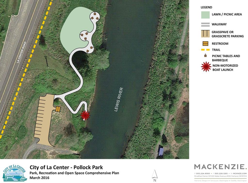 5.7 Pollock Park A community boat launch has also been recommended at La Center Bottoms, and ties in with the trailhead parking lot improvements at the waste-water treatment facility.