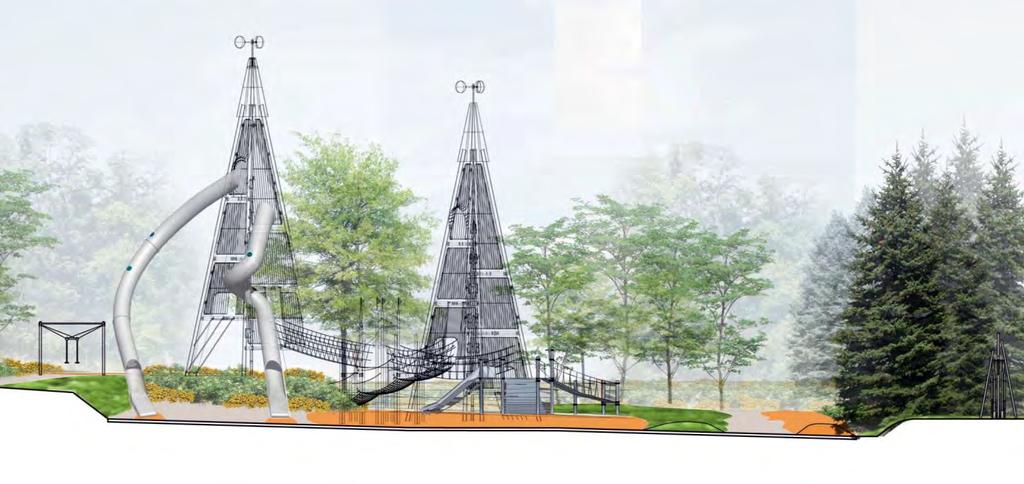 These towers are connected by a suspension walkway and platform that descends into the net structure.