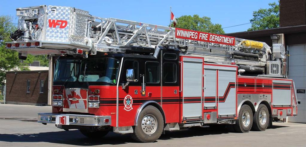 Winnipeg, MB Ladder 1 is a 2016 E-One Cyclone II HP100 tower, featuring a