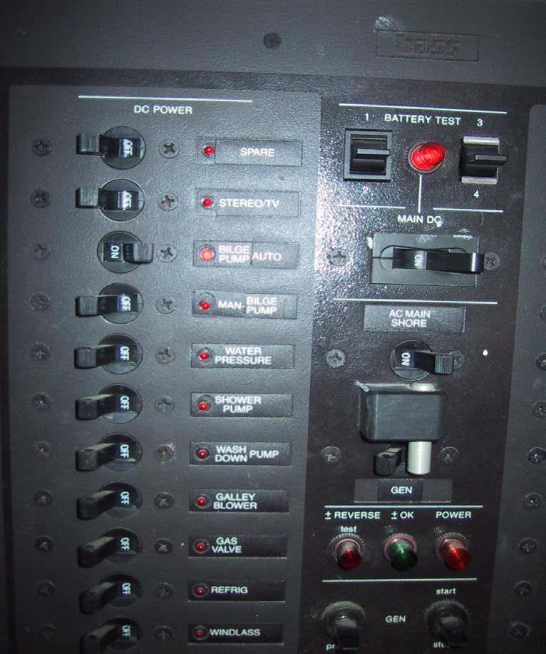 Center of Main Panel for DC Switches Always to be Left On Emergency Use Only Not in use Leave On Use As Needed For Shore