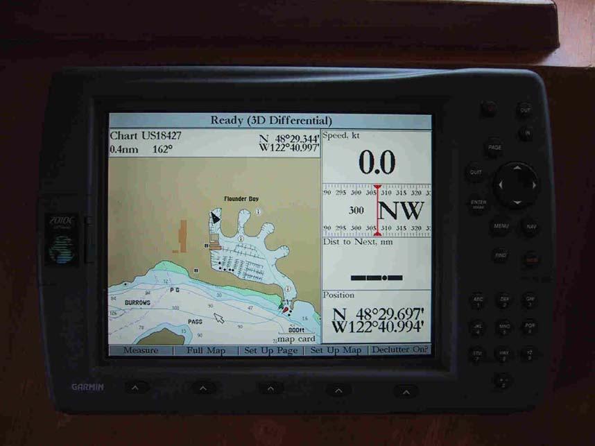 GARMIN GPS 2010 COLOR CHART PLOTTER 1. Located at the pilothouse. Refer to the operation manual to operate. 2. The GPS/Plotter is loaded with an electronic Garmin Blue Chart that covers from Olympia to Port Hardy.