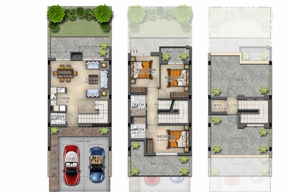 RC-M RC-EM GROUND FLOOR FIRST FLOOR TERRACE GROUND FLOOR FIRST FLOOR TERRACE Unit type Ground floor First floor Second floor / Roof Balcony / terrace & external covered area Covered garage Total area