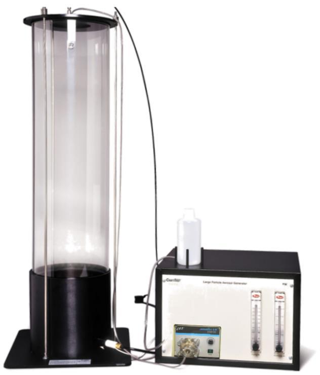 The generator column includes a spray nozzle, drying cylinder and electronic air ionizer to give the particles a Boltzmann charge distribution as specified in the standard.