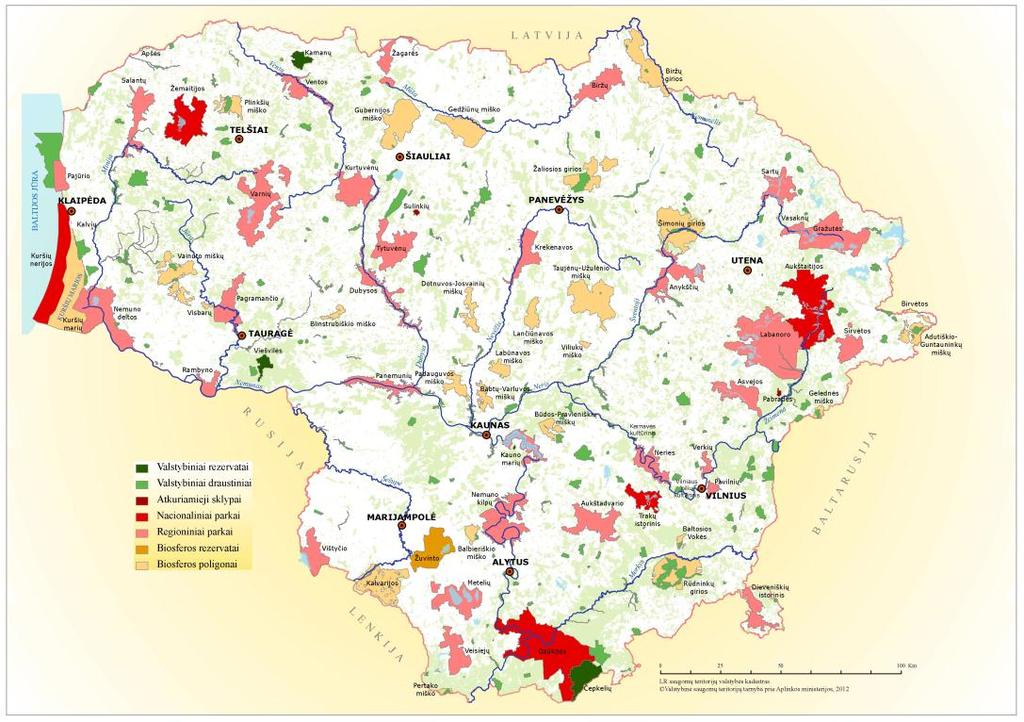 11 15,71 proc. Lietuvos teritorijos uţima saugomos teritorijos. Jos pasiskirsčiuosios netolygiai kiekvienoje savivaldybėje ar regione skirtingai (1.1 pav.
