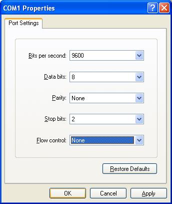 Enter the com port settings as shown below and click on OK If Hyper-terminal has been used before then selecting File, Open and select EDA-Zerio will load the settings.