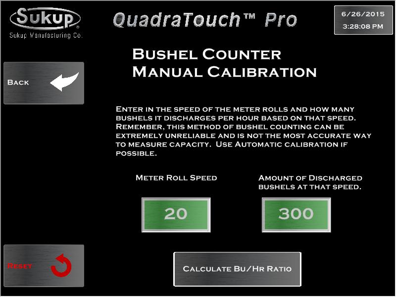 In manual bushel counter calibration, the user inputs a meter roll speed and