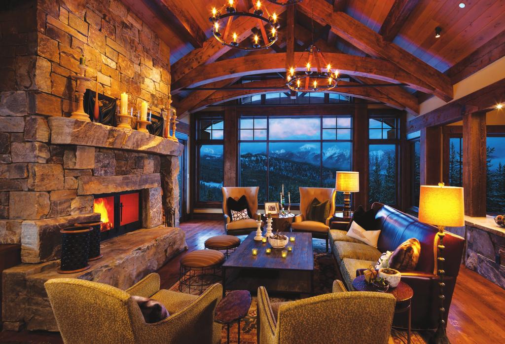 For Family Gatherings From the immense fireplace, made from Deep Creek ledgestone and boulders, to the quantity of comfy chairs surrounding the Restoration Hardware coffee table, this room says