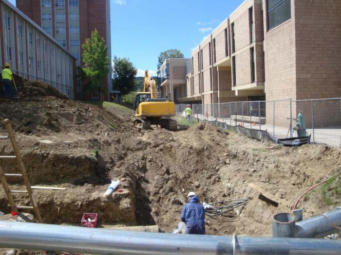HTHW Replacement A new high-temperature hot water line will be put in place in the grass area between Science 2 and Science 3 Significant excavation and utility work underway Work includes a new high