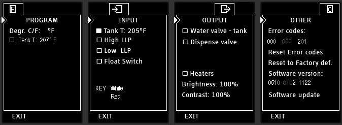 EXIT Programming and Diagnostics dialog by selecting EXIT and touching the lower (red) pad Programming for hot water tank temperature setting (also dispense temperature) and display units ( C or F)