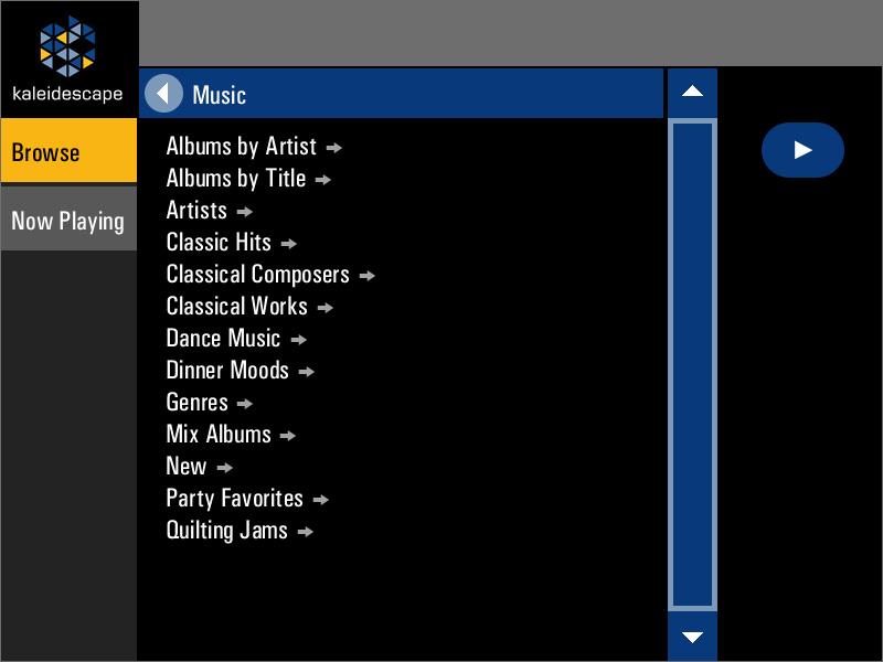For text-based music control in zones without a video display, locate the player name in the Music Zone Control Panels area and click the amber link.