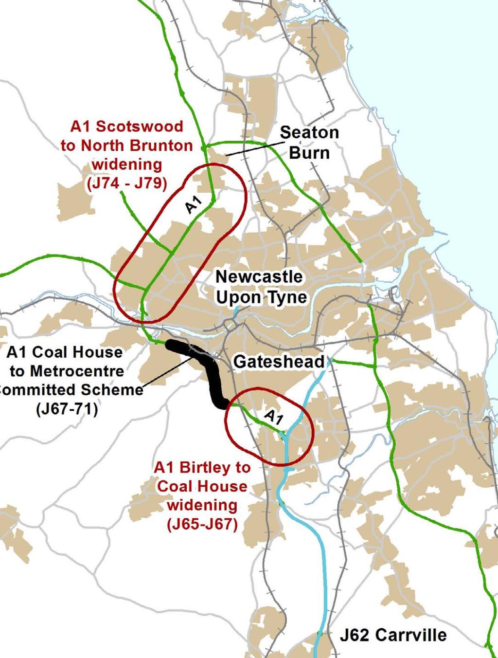Investment package worth around 350 million A1 Birtley to Coal House (J65-J67) Online widening south of Gateshead to 3 lanes.
