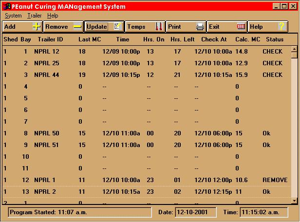 Figure 5. Example display screen of PECMAN, the decision support system for managing a peanut curing facility.