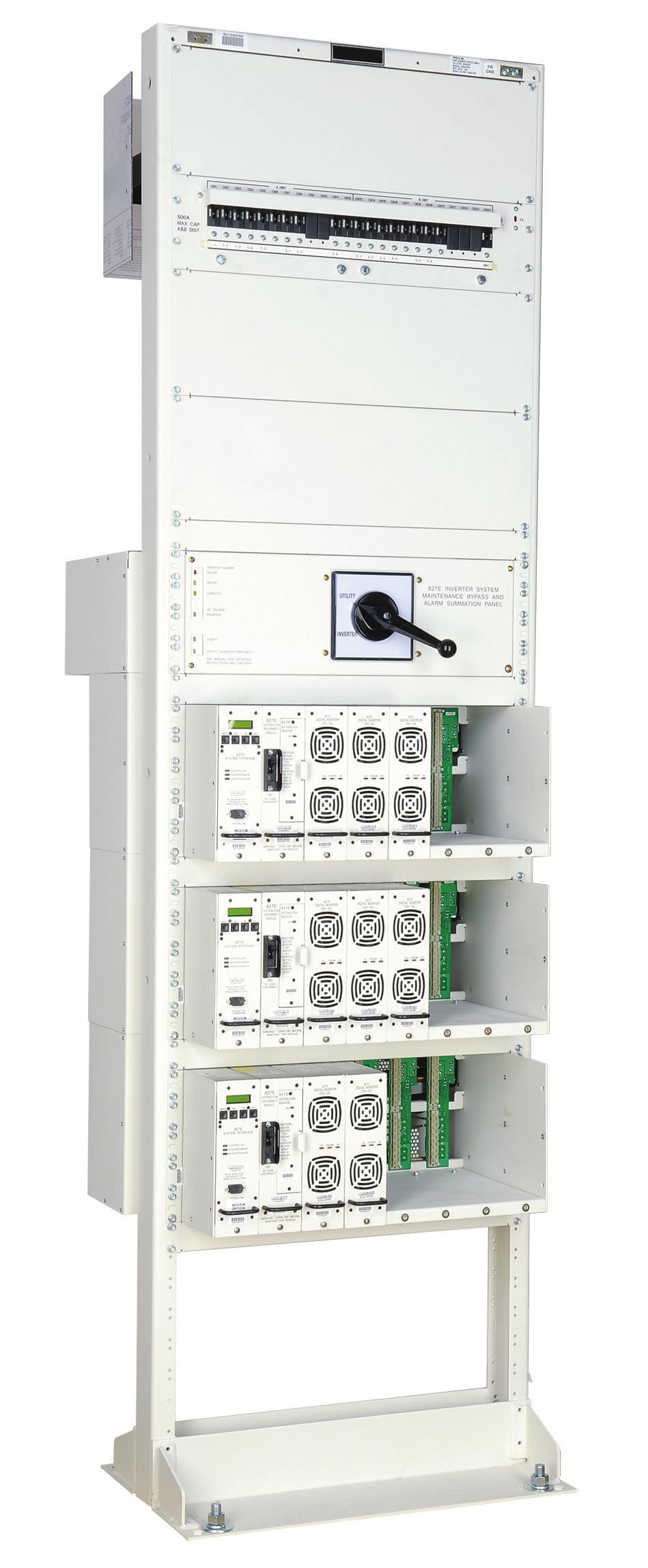 The -48Vdc system can be expanded to a four shelf arrangement for applications requiring as much as 28.8KVA of 120Vac, 230Vac or 240Vac.