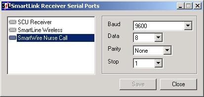 9. Now select SmartLink Receiver and then Ports from the Interfaces Menu. 10. Click/Highlight SmartWire Nurse Call. 11. Select 9600 as the Baud rate, Data=8, Parity=None & Stop=1. 12.