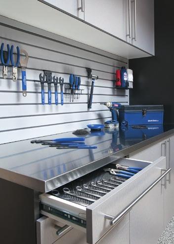 Our garage highlights include: Nine colors, including two powder-coated finishes Innovative sliding-door system Floating cabinets protect from water, pests and debris Three workbench/countertop