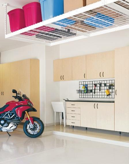 GARAGE SOLUTIONS To protect your belongings from water, pests and debris, our garage cabinets are securely anchored to the wall creating a floating cabinet.