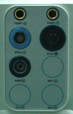 Figure1-4 recorder Right Panel On the right side of the monitor are sockets for each transducer 1 TEMP 1 2 TEMP2 3 ECG 4 SPO 2 5 NIBP 6 IBP1(optional) 7 IBP2(optional) 8 CO2(optional) 1 4 5 8 2 3 6 7