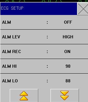 9.5.1 ECG setting menu Use turn knob and move cursor on the main screen to the ECG hot keys in the parameter area, then press the knob to pop up the ECG Setting menu: Figure 9-3 ECG Setup Alarm: